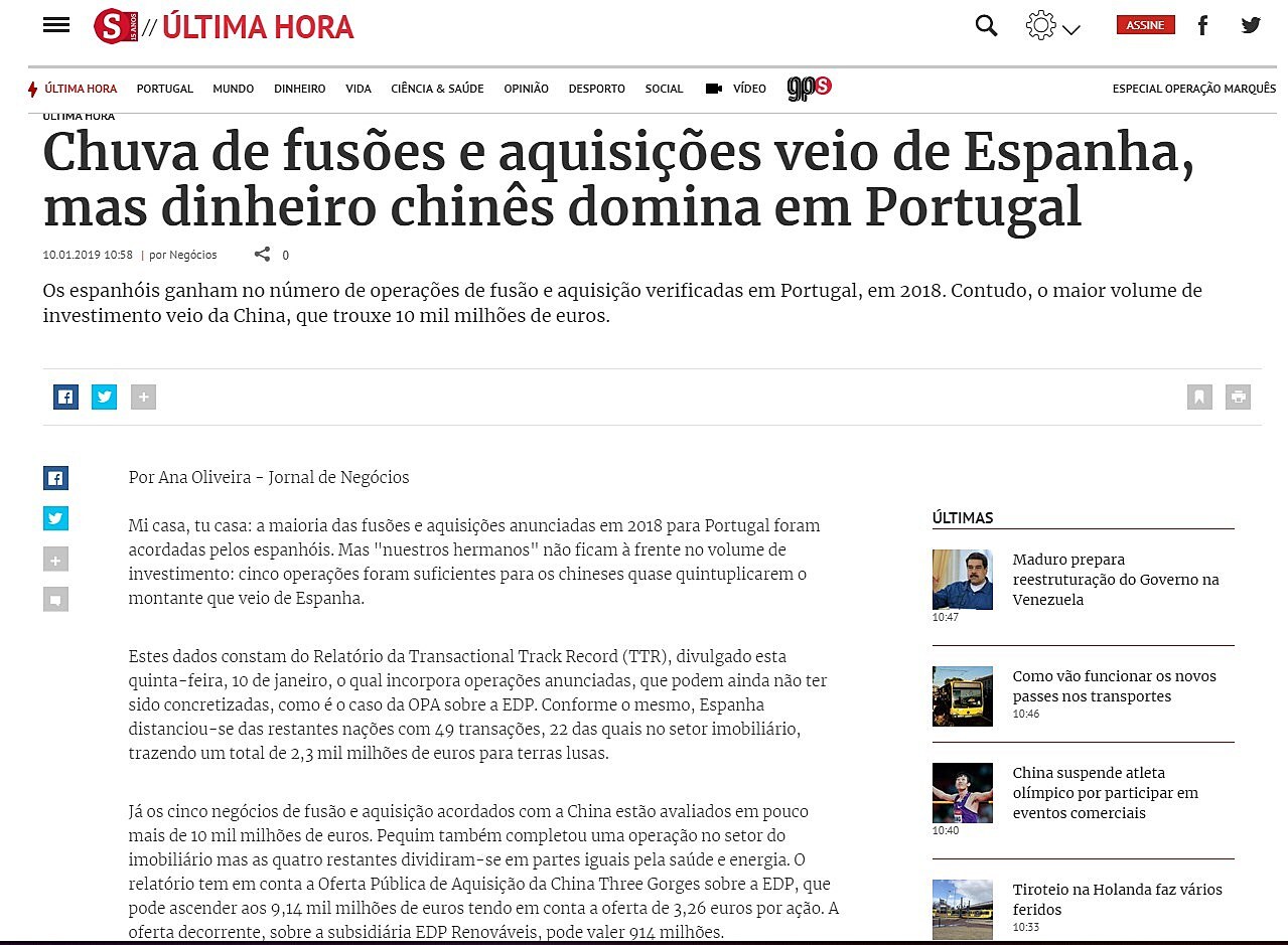 Chuva de fuses e aquisies veio de Espanha, mas dinheiro chins domina em Portugal